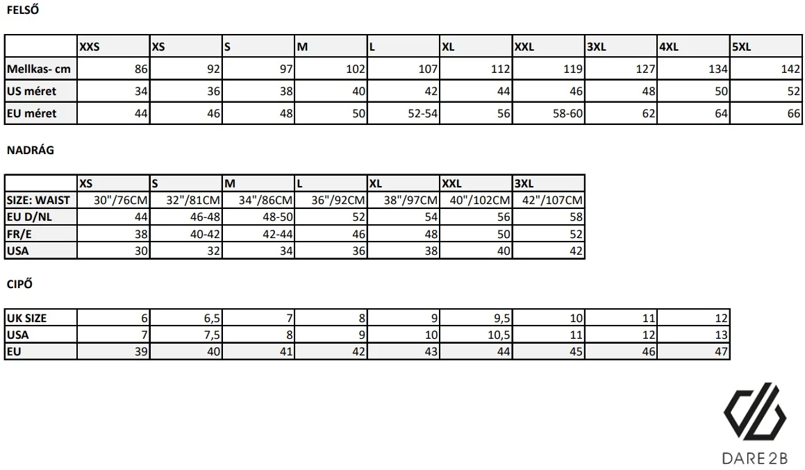 DARE2B mérettáblázat